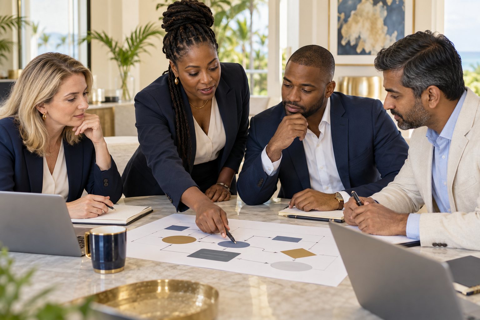 A diverse team collaborating on organizational planning in a bright office.