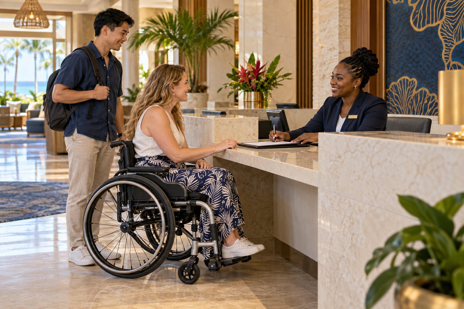 An inclusive hotel reception interaction with diverse guests and accessible service.